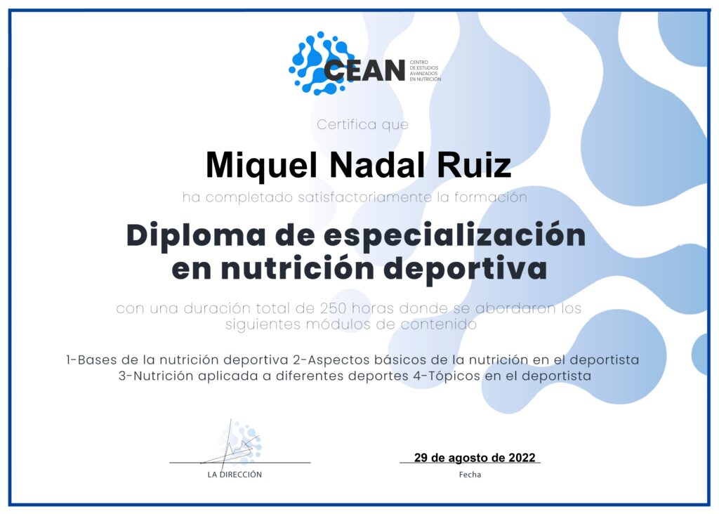 Certificado Experto en nutrición deportiva-Miquel Nadal